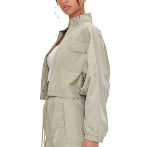 Ensemble veste décontractée en toile pour femme, col montant, manches longues, coupe ample, couleur unie, tenue deux pièces printemps-été - Product Image 1