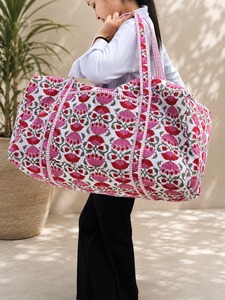 Women’s Hand Block Print Cotton Quilted Duffle <b>Bag</b> | Floral Weekender Travel <b>Bag</b> | Handmade Overnight Tote | <b>Boho</b> Gym <b>Bag</b> - Product Image 5