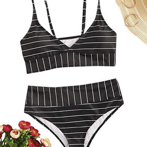 Women's High Cut 2-Piece Front Logo Breathable Printed Bikini Sets for Beachwear Knitted Worsted Bodysuit Swimwear Striped - Product Image 6