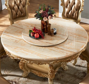 ชุดโต๊ะรับประทานอาหารทรงกลมไม้สักทองคำหรูหรา สไตล์ยุโรปคลาสสิกแกะสลักแบบโบราณ เฟอร์นิเจอร์รับประทานอาหารสำหรับโรงแรม ผลิตในอินโดนีเซีย - Product Image 2