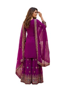 Salwar Kameez de Georgette Sintética Bordada en Morado, Vestido de Boda Tradicional para Mujer, Estilo Indio Pakistaní, Traje Sharara Gharara - Product Image 3