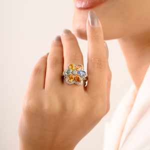 Bague en argent sterling pur massif avec cluster de saphirs floraux multi-colorés, bijoux fins pour femmes, vente directe d'usine - Product Image 4