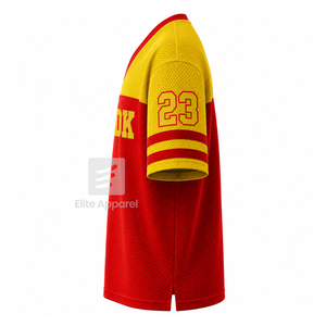 เสื้อยืดคอวีแบบสั่งทำพิเศษ NSPDK ลายบล็อกสีแดงและทอง แขนสั้น สไตล์ลำลองสำหรับผู้หญิง ผลิตจากผ้าโพลีเอสเตอร์ตาข่าย - Product Image 4