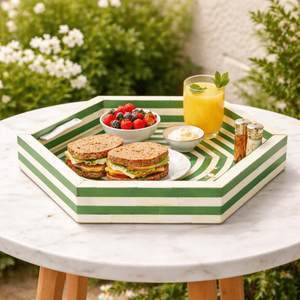 Art Deco Bone Inlay Hexagon Serving <b>Tray</b> with Handles|Decorative Wood Mop Inlay <b>Tray</b> for Drinks, Vanity, <b>Breakfast</b> & Home Decor - Product Image 4