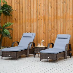 Set di 3 Lettini Prendisole Regolabili in Rattan con Braccioli, Tavolino Laterale e Ruote per Uso Esterno a Bordo Piscina, Struttura Durevole in Ferro e Alluminio - Product Image 2