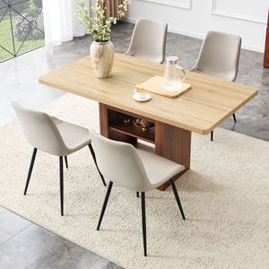 Tavolo da Pranzo Allungabile 59-71 Pollici con Funzione Estraibile, Set di 4 Sedie Curve Larghe in PU Artificiale Grigio Caldo - Product Image 1