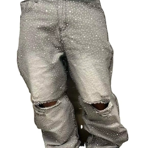 <b>Men</b> <b>Grey</b> Rhinestone Baggy <b>Jeans</b> Distressed <b>Ripped</b> Knee Loose Fit Streetwear Denim Pants For <b>Men</b> - Product Image 3
