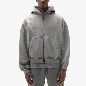 เสื้อฮู้ดดี้คุณภาพสูง ป้ายกำกับแบบกำหนดเอง ผ้าฝ้ายฟอกสีแบบวินเทจ ซิปหน้า ประดับคริสตัล ทรงครอป ทรงบ็อกซี่ เหมาะสำหรับใส่ออกกำลังกาย สำหรับผู้ชาย - Product Image 5