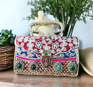 Luxury Handcrafted Meenakari Metal Clutch <b>Bag</b> Vintage Designer Evening Handbag - Product Image 2