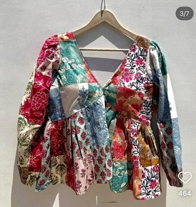 Wholesale Women Woven 100% Cotton Patchwork Print Boho Peplum Blouse Deep V Neck Long Sleeve <b>Cross</b> Back <b>Top</b> - Product Image 1