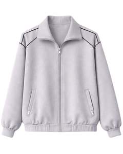 Conjunto deportivo informal de dos piezas para mujer, color gris claro, con chaqueta con cremallera y pantalones tipo jogger, con ribete en contraste negro. - Product Image 1