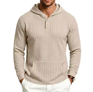 Men's Eco-Friendly Hooded Knitted Pullover Solid Color Pocket Regular Fit Casual Autumn 100% Cotton Breathable <b>Long</b> <b>Sweatshirt</b> - Product Image 1