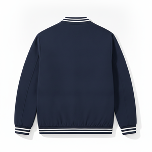 Chaqueta Varsity Azul Marino para Hombre con Logotipo Bordado en Rojo, Cierre de Cremallera, Cuello Camisero, Estilo Preppy, Ropa de Otoño - Product Image 3
