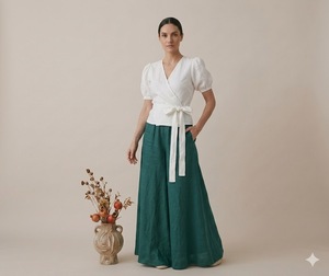 เดรสผ้าลินินสีขาว คอวี แขนพอง ผูกเอว ทรงมิดิ สีขาวล้วน สไตล์ลำลอง คอวีแบบดันทรง ชุดลำลองสำหรับวันหยุด เข้าชุดกันได้ - Product Image 2