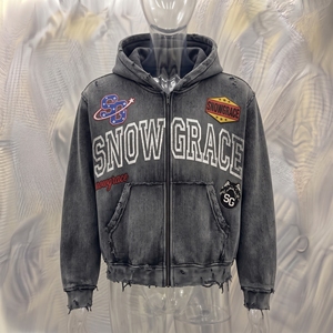 เสื้อฮู้ดซิปครอปทรงโอเวอร์ไซส์ Snowgrace ดีไซน์ขาดๆ แต่งกระเป๋าหน้า พร้อมโลโก้ เสื้อผ้าลำลองสำหรับผู้ชาย ใส่ได้ในช่วงฤดูใบไม้ร่วง - Product Image 3