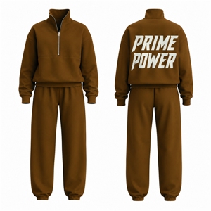 Ensemble de survêtement marron 2 pièces tendance avec sweat-shirt zippé et pantalon de jogging, personnalisable avec logo, vêtements de sport décontractés, fournisseur OEM - Product Image 1