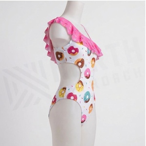 Traje de baño de una pieza para mujer con estampado de donuts, escote asimétrico con volantes, bikini elástico, ropa de playa - Product Image 3
