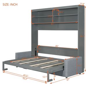 Queen Size Gray Murphy <b>Bed</b> Wall <b>Bed</b> with Sofa Durable and <b>Space</b>-<b>Saving</b> Furniture - Product Image 4