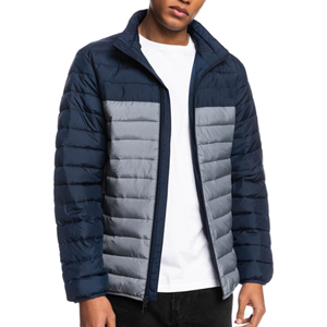 <b>Men's</b> <b>Navy</b> Blue and Gray Color Blocking Puffer <b>Jacket</b> Stand Collar Zipper Closure Windproof Casual Winter <b>Jacket</b> Regular Fit - Product Image 5