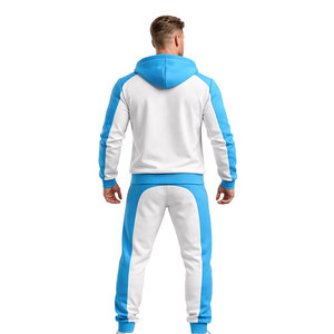 Conjunto de chándal azul y blanco con contraste para hombre – Sudadera con capucha y cremallera y pantalones jogger, ropa deportiva ajustada para gimnasio, conjunto informal para fitness - Product Image 5
