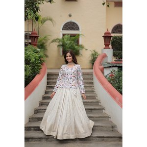 Livewear Women's <b>White</b> Party Wear <b>Top</b> and Lehenga Set <b>with</b> Thread-<b>Sequins</b> Embroidery - Product Image 1