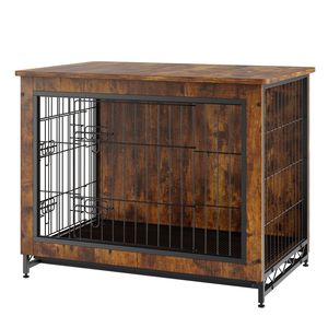 32-Inch Rustic Brown <b>Wooden</b> <b>Dog</b> <b>Crate</b> Double Doors Heavy-Duty 45LB Cage End Table Removable Tray Modern <b>Dog</b> Small Animal Supply - Product Image 1