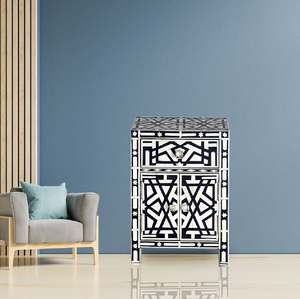 Mesa auxiliar de doble tambor con incrustaciones de nácar y un delicado motivo de patrón cruzado, disponible a precios de mayorista. - Product Image 2