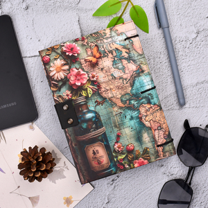 Journal vintage fait main avec cadenas et carte intégrée | Carnet de notes A5 sur le thème du voyage avec motif floral |   Journal de style antique pour écrire et offrir en cadeau - Product Image 4