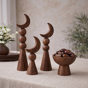 Premium Brown Gloss Wooden Moon Finial Set. Elegant <b>Stacked</b> Bead Design Pillars For Classic Home Luxury & Eid Tabletop Decor - Product Image 6