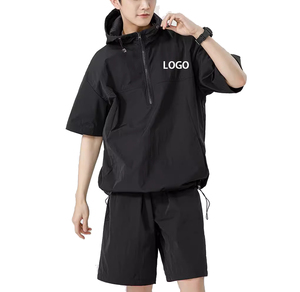 Ensemble survêtement coupe-vent en nylon personnalisé avec sweat à capuche zippé et short, ensemble court coupe-vent uni pour homme, ensemble survêtement coupe-vent OEM - Product Image 1