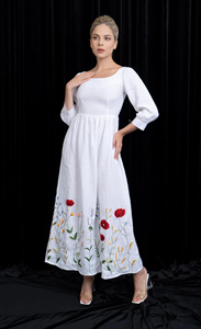 Hand-Embroidered White Linen Maxi Dress Square Neckline <b>Three</b>-Quarter Sleeves Artisanal Floral Crewel Work Gown - Product Image 2
