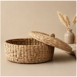 Handwoven Seagrass Vintage <b>Round</b> <b>Wicker</b> Storage <b>Basket</b> with Lid Folk Art Organizer Decoration - Product Image 5