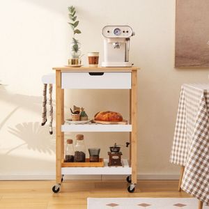 Carrello da Cucina Moderno a 3 Ripiani con Piano in Bambù, Carrello di Servizio in MDF e Metallo - Product Image 2