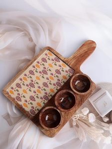 Mango Wood <b>Serving</b> <b>Platter</b> Set with 3 Dip Bowls | <b>Wooden</b> Snack Cheese Board | Decorative Printed <b>Serving</b> Tray for Dips Dry Fruit - Product Image 2
