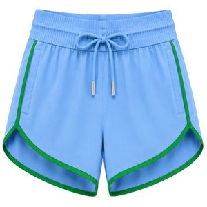 Shorts de sport pour femmes bleu ciel avec bordure verte, taille élastique, cordon de serrage, poche latérale, pour la course à pied, la gym, l'entraînement, vêtements de sport - Product Image 1