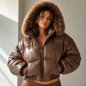 Veste matelassée en cuir marron faite à la main avec capuche en fourrure de renard, veste avec capuche garnie de fourrure, vêtement d'extérieur chaud pour l'hiver - Manteau de luxe en peau d'agneau - Product Image 1
