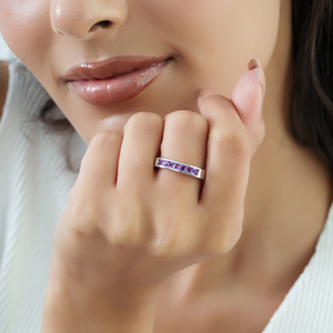 Elegant Classy Design 925 Sterling <b>Silver</b> 100% Genuine <b>Amethyst</b> February Birthstone Half Eternity Band <b>Ring</b> - Product Image 4