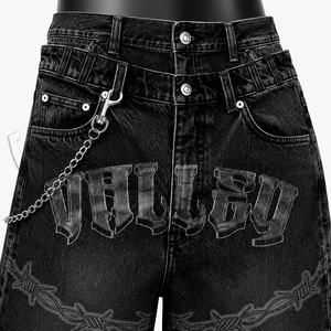 Shorts en jean baggy noirs pour homme, style gothique streetwear, avec design graphique - Product Image 6