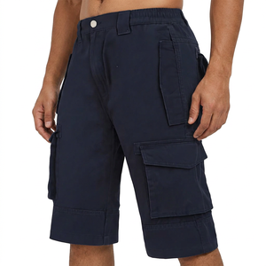 Pantalones cortos Bermuda azul marino para hombre, de cintura media, estilo workwear de lona con múltiples bolsillos y cierre de botón. - Product Image 2