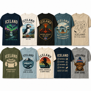 คอลเลกชันเสื้อยืดลายกราฟิกท่องเที่ยวไอซ์แลนด์สไตล์วินเทจ – เสื้อยืดผจญภัยสไตล์นอร์ดิกแบบเรโทร ดีไซน์คอกลม - Product Image 1