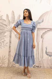 Vestido midi de algodón bordado con cuello cuadrado azul, mangas abullonadas, corte en A, holgado, estilo bohemio, informal, de verano, para mujer, hermoso vestido. - Product Image 3