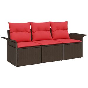 Ensemble de canapés de jardin en polyrotin marron et rouge, 3 pièces, avec coussins manuels - Product Image 2