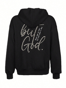 Sweat-shirt à capuche noir en molleton avec lettres en strass, poches, unisexe, décontracté, tricoté, coupe classique, 100 % coton respirant - Product Image 2