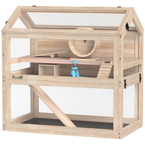 Jaula de madera de 3 niveles para hámster con casita, balancín, rampas, rueda de ejercicio, panel acrílico y bandeja inferior - Para razas medianas y grandes - Product Image 1