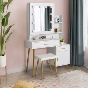 2-Drawer 1-Door 2-Shelf Mirror Cabinet with 3-Light Bulbs Particleboard Triamine Veneer White <b>Dressing</b> Table Set Makeup Vanities - Product Image 4
