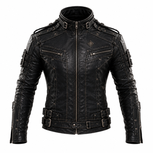 Veste de moto en cuir véritable pour hommes, col montant, fermeture éclair, coupe-vent, avec ceinture et poches, coupe ajustée - Product Image 1