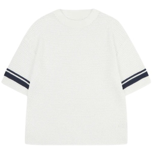 Camiseta de punto de ganchillo con rayas en contraste, blanca, de manga corta, tejido texturizado, informal de verano, transpirable, con cuello redondo. - Product Image 1