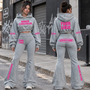 Women's Hip Hop <b>Waffle</b> Fabric Two Piece Set Printed Long Sleeve Hooded Top Full Length Slim Fit Casual Outfit - Product Image 3
