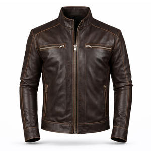 Veste de moto en cuir marron pour homme, veste en cuir véritable style Cafe Racer, coupe slim, veste en cuir vintage pour motard - Product Image 1