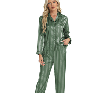 Conjunto de pijama de satén negro para mujer, ropa de dormir de manga larga a rayas con cuello con muescas y botones, pantalones de dormir de 2 piezas - Product Image 3